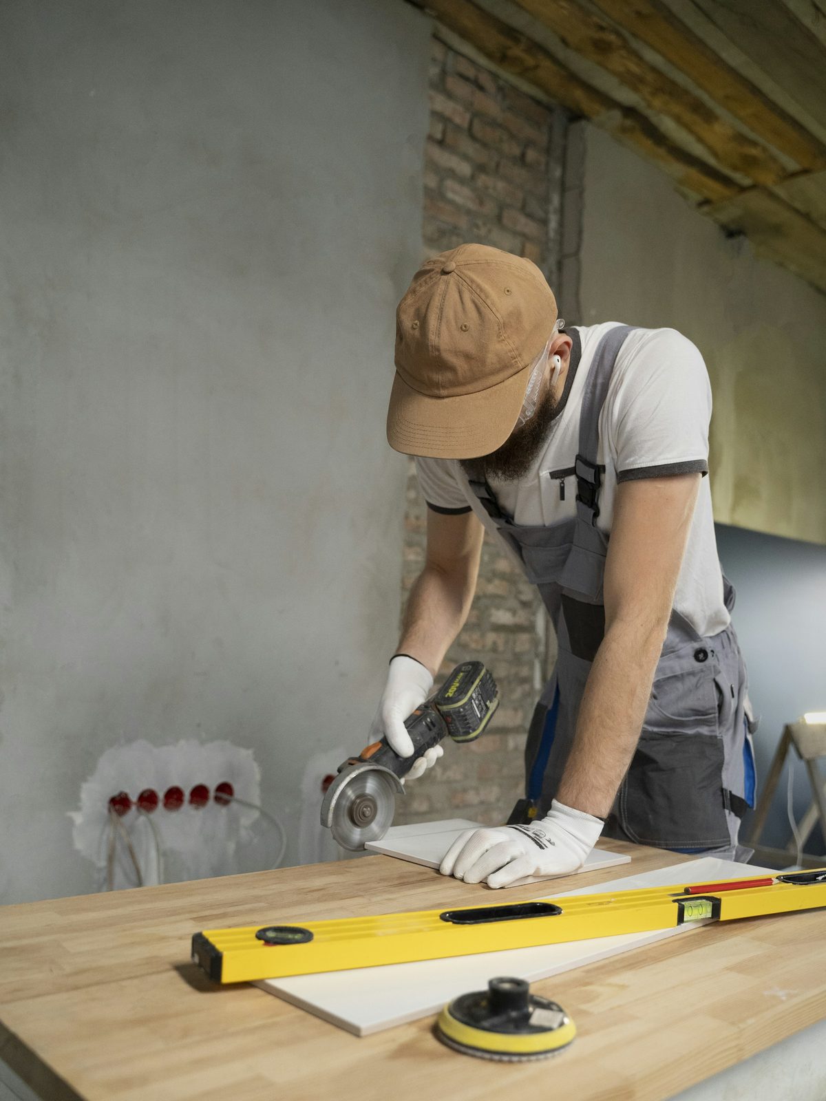 A tradesman in a cap cutting a tile on a workbench inside a home.